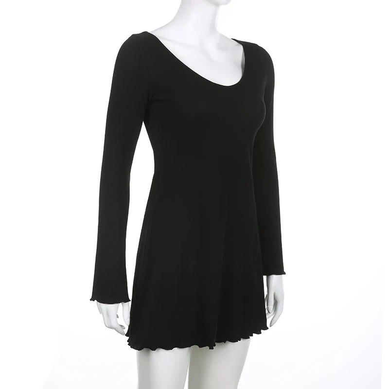 Herbst Party Kleid Solide Elegante Ausgestelltes Volle Hülse Dünne Gestrickte Mini A-linie Kleider Frauen Kleidung Koreanische