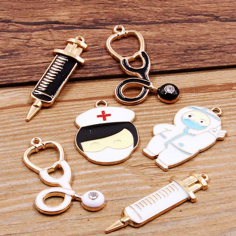 6 Medical Charm DIY Alloy Jewelry Accessories: Stethoscope, Syringe, and Nurse Oil Drop Pendants