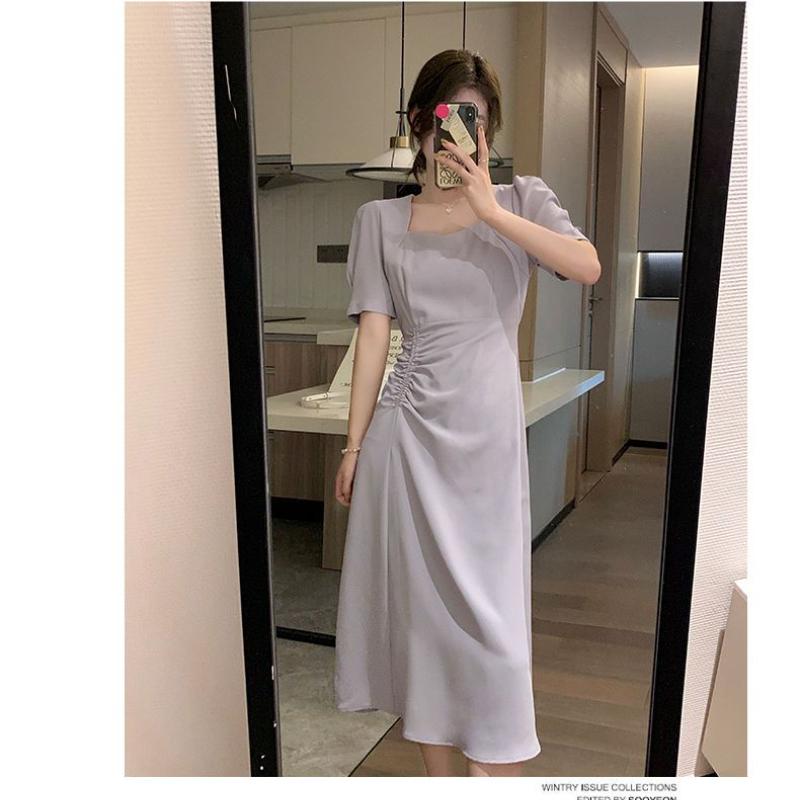 Vestido de verano de Color liso, elegante, con cuello cuadrado, cintura plisada, ajustado, manga de burbuja, vestido de moda