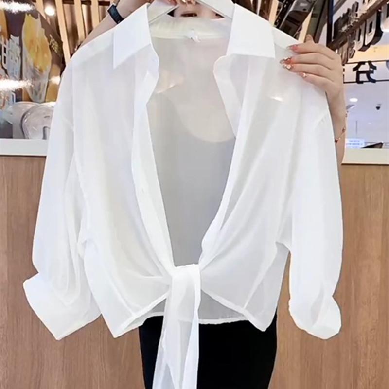 Thin chiffon air-conditioned shirt with small shawl, sunscreen shirt, women s short trendy fashion top, summer bat cardigan m【 40-50kg 】 белый