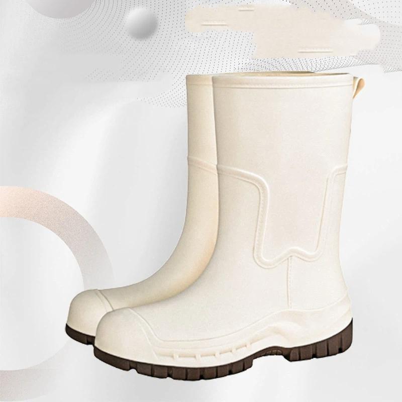 Mid Calf Rain Boots Seamless Waterproof PVC Rubber Wellies Anti Slip Thick Sole Outdoor Garden Work Rain Shoes
