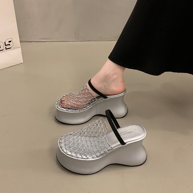 French muffin platform sandals women's 2025 new hollow breathable wedge heel half slippers small height-increasing cool slippers