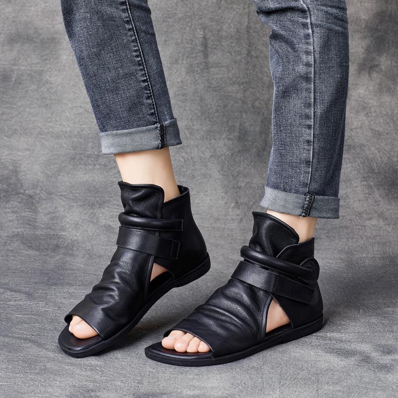 Fashion GKTINOO 2025 Summer Shoes Genuine Leather Cool Boots Women's Handmade Flat Heels Sandals Women High Top Cowhide Open Toe Zipper