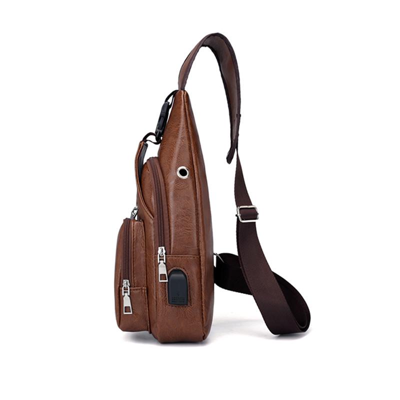 Men's Shoulder Pack Charging Leather Movement USB Chest Bag Sports PU Hiking Sling Bag