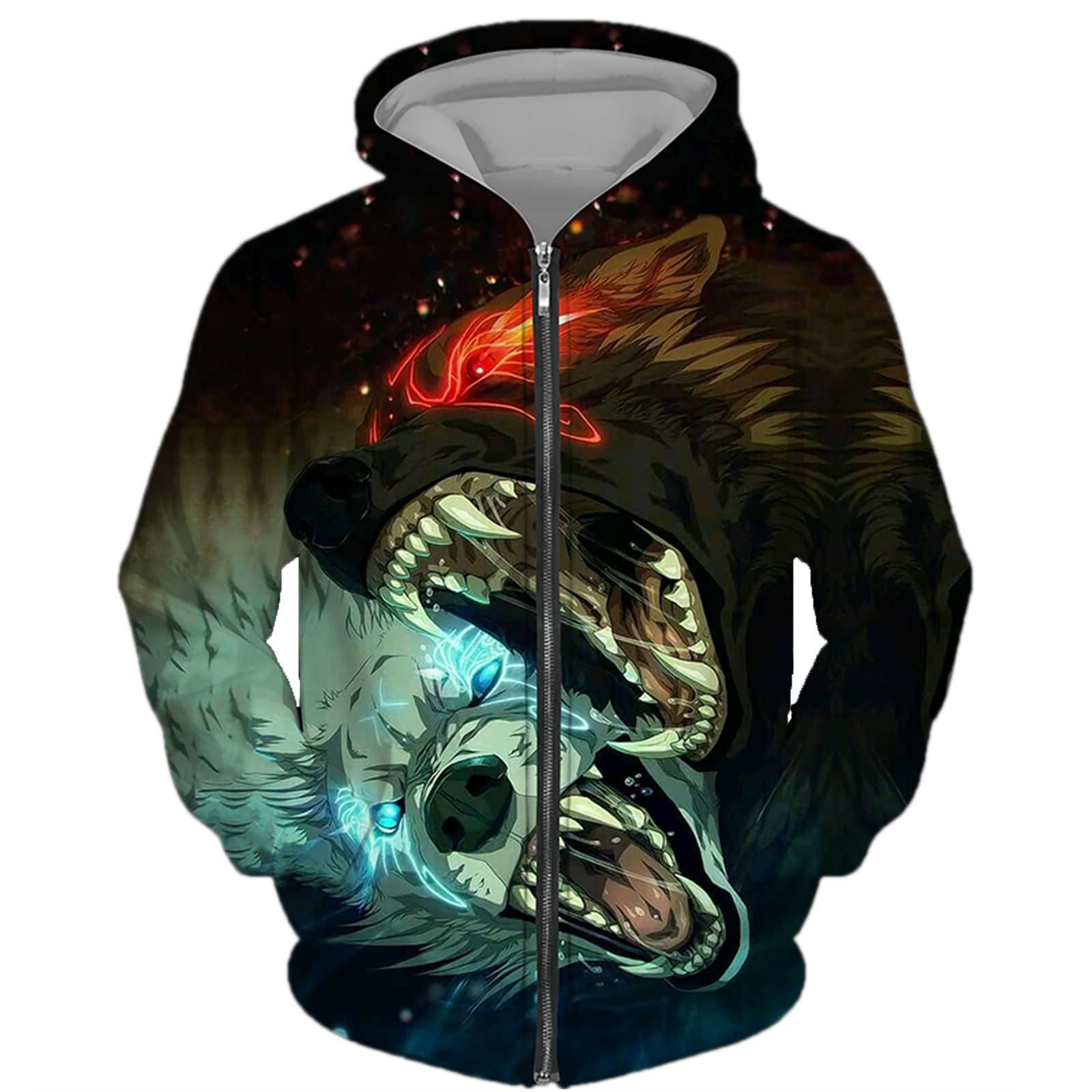 

Мужская толстовка с 3D принтом волка для пар с капюшоном и длинным рукавом для женщин, свободная толстовка на молнии больших размеров M