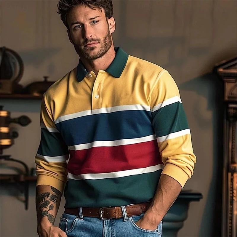 

Simple Fashion Striped Graphic Polo Shirts For Men Casual Retro 3D Printed Long Sleeve Golf Polo Loose Breathable Business Tops 3XL жовтий