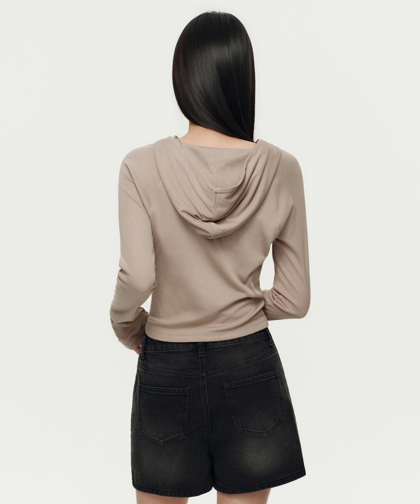 Women'S Ribbed Slim Hooded Long Sleeve T-Shirt [Grayish Beige]