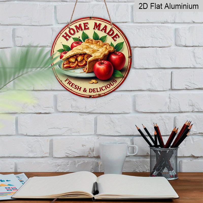 2D Flat 1pc, 8x8 in, Vintage-Style Aluminum Metal Sign - "Home Made" Apple Pie & Apples Decorative Wall Art, Garden Decor for Home, Bar, and More
