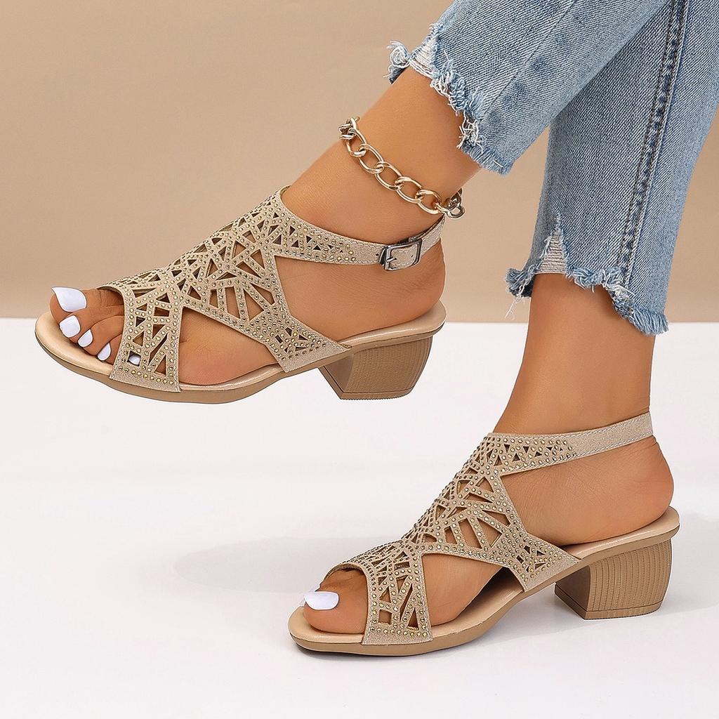 Summer Women's Shoes Thick Heel Rhinestone Shoes Hollow Fish Mouth High Heel Sandals Women