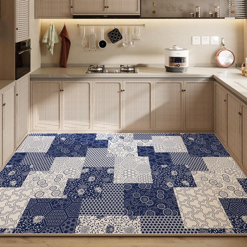 Rug for Kitchen Waterproof Floor Mat Pvc Leather Non-slip Carpet Large Blue Carpets Retro Classic Pattern Home Decoration Rugs