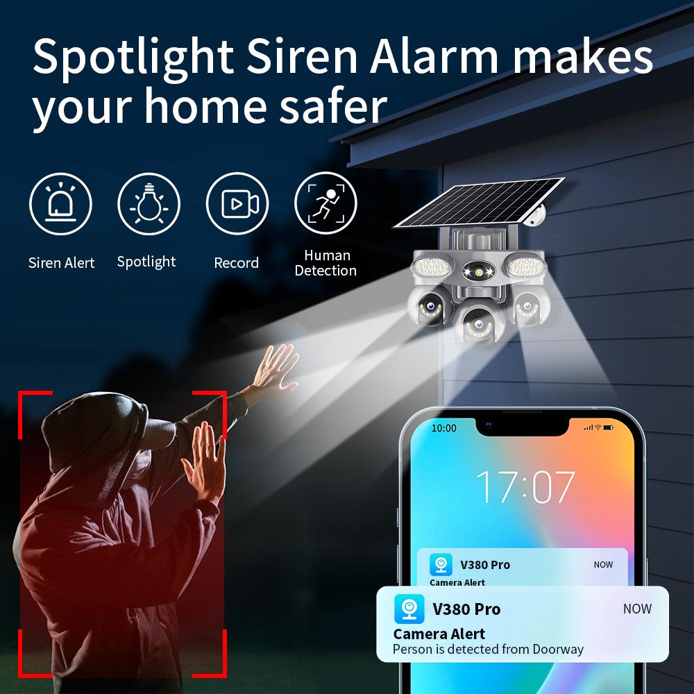 Solar PTZ Camera – 4G/WiFi Outdoor Security with 3-Screen View, Optional LED Light, 2-in-1 Surveillance & Night Lighting