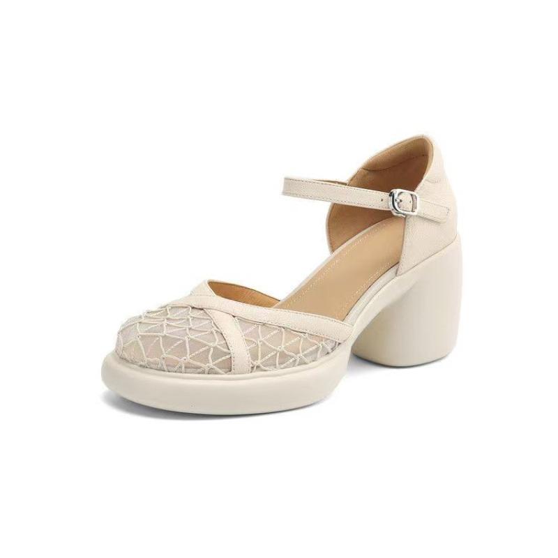 Fashion Versatile Summer Genuine Leather Sandals for Women, Thick Heels, Thick Soles, and Headwear To Increase Heels