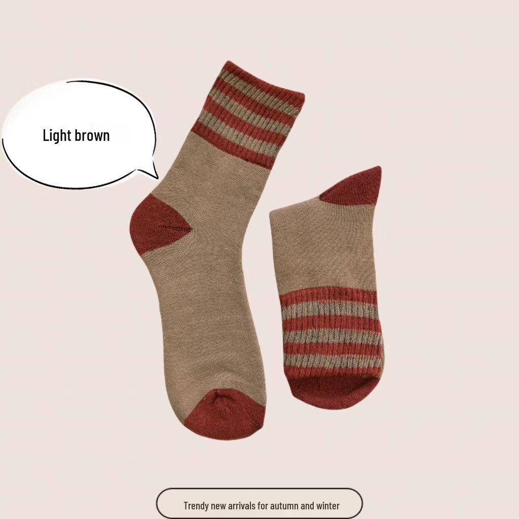 Damen Verdickte Gestreifte Mid-Calf Socken: Fleecegefütterter Frottee für Wärme, Herbst- & Winter-Retro-Woll-Design