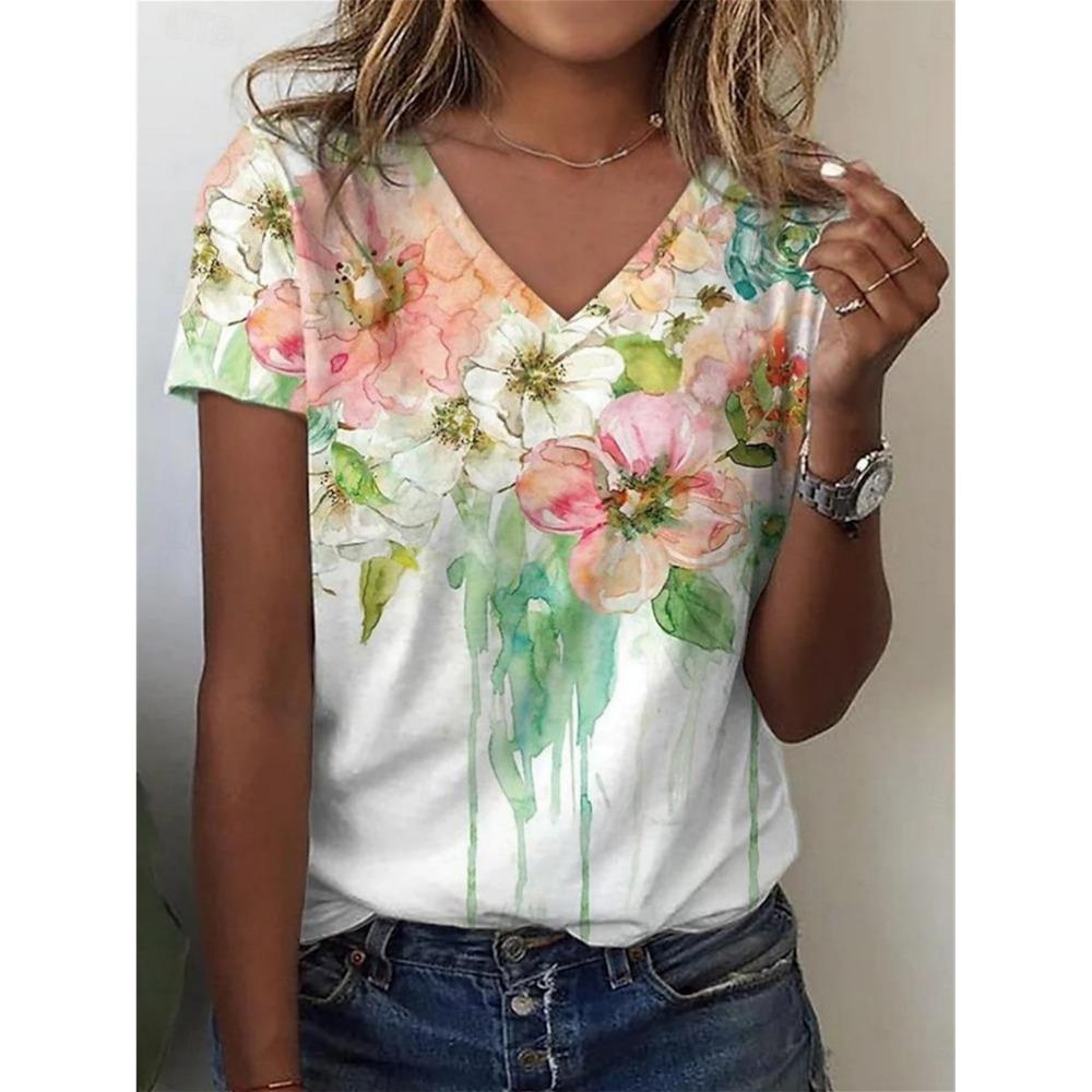 Women's Trendy T-Shirt Flowers Graphics Fashion Short Sleeved V-Neck Regular Tops Daily Print Tee Summer Y2K Casual Tops