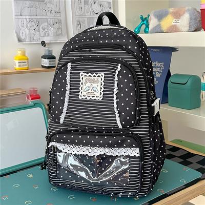 Mochila con Adorno de Encaje Rayas Estrelladas con Ventana Frontal Transparente y Múltiples Bolsillos Gran Capacidad Mochila Escolar Diaria para Adolescentes Estudiantes Viajes Diarios