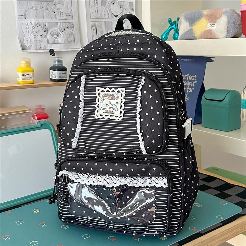 Mochila con Adorno de Encaje Rayas Estrelladas con Ventana Frontal Transparente y Múltiples Bolsillos Gran Capacidad Mochila Escolar Diaria para Adolescentes Estudiantes Viajes Diarios