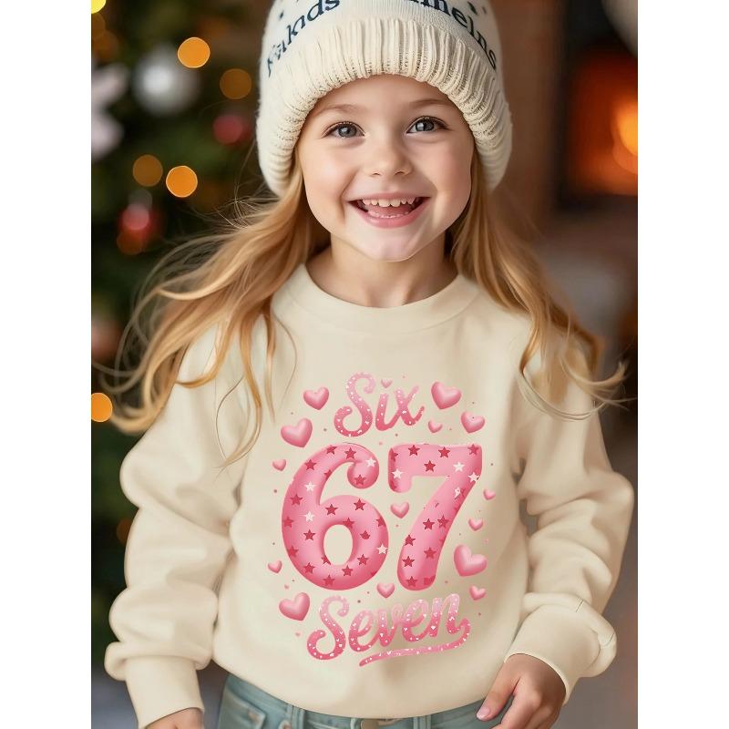 Kids Unisex Crewneck Sweatshirt, Pink Star Heart 67 Six Seven Cute Girly Graphic Long Sleeve Pullover, Soft Fleece Sweatshirts for Boys Girls Ages 4+