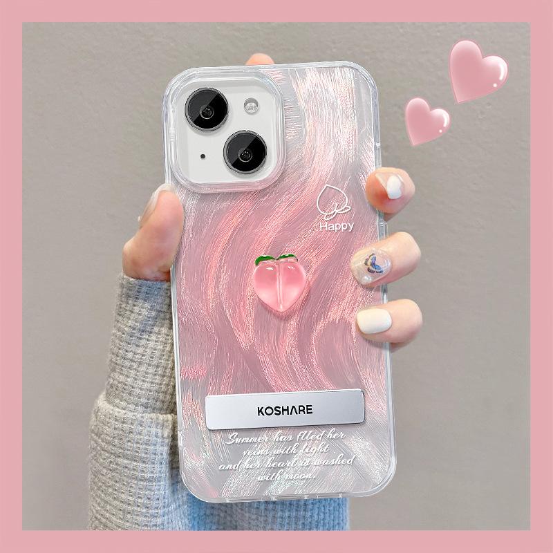 Suitable for Apple 15 Mobile Phone Case Summer Iphone14 Smudge Peach Doll Bracket Chain 13/12 Feather Yarn IMD