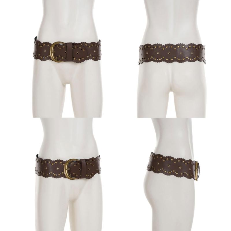 Retro Studded Wide Belt for Women And Lady 7.5cm Width PU Leather Waist Strap with Metal Rivets for Casual Outfits