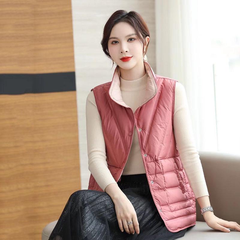 Women Light Weight Thermal Seamlessly Sleeveless Stand Collar White Duck Down Jacket All Match Reversible Chic Vest