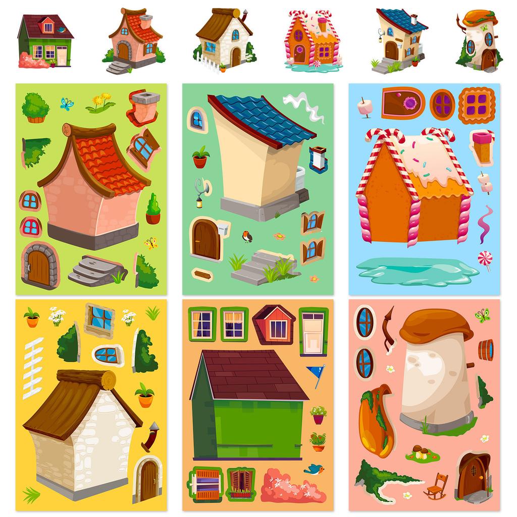 6 Pictures/package of Small House Face Change Stickers for Boys and Girls Children DIY Handmade Puzzle Small House Puzzle Stickers