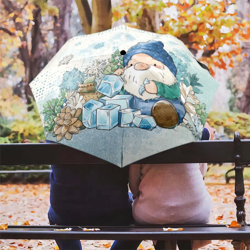 Cartoon Snowman Pattern, Automatic Folding Umbrella, Portable and Foldable Design, 8 Ribs, a Christmas or Birthday Gift.