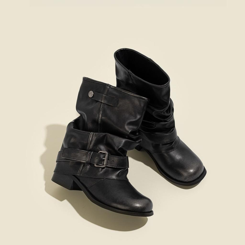 Fashion Round Toe Belt Buckle Mid Calf Shoes Woman New in Waterproof Footwear on Promotion Hot Y2k Rock Offer Half High Boots for Women