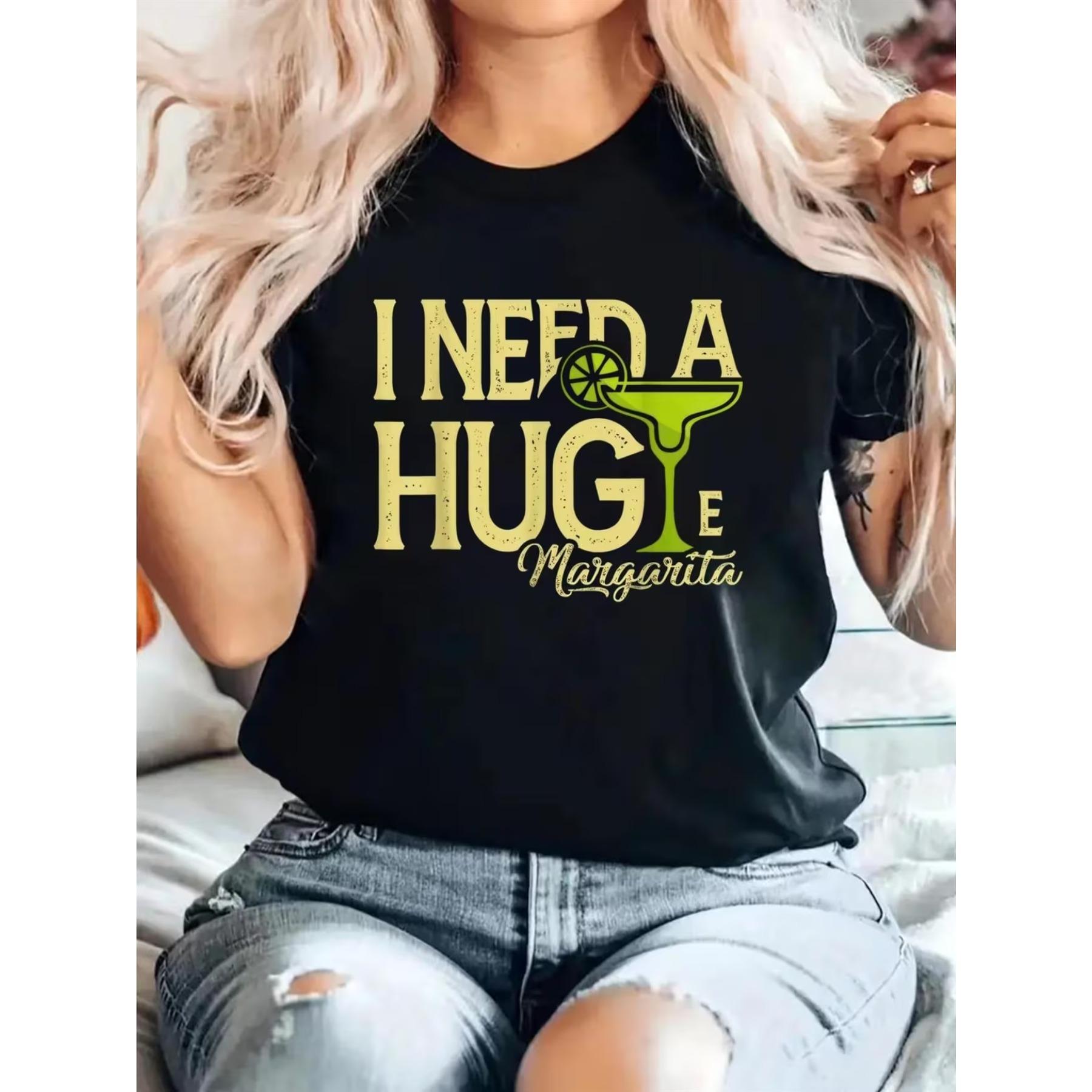 

Women S Funny I Need A Hug Martini Graphic T-Shirt - Black Crew Neck Short Sleeve Casual Top with Cocktail Glass Design & Margarita Print S чёрный