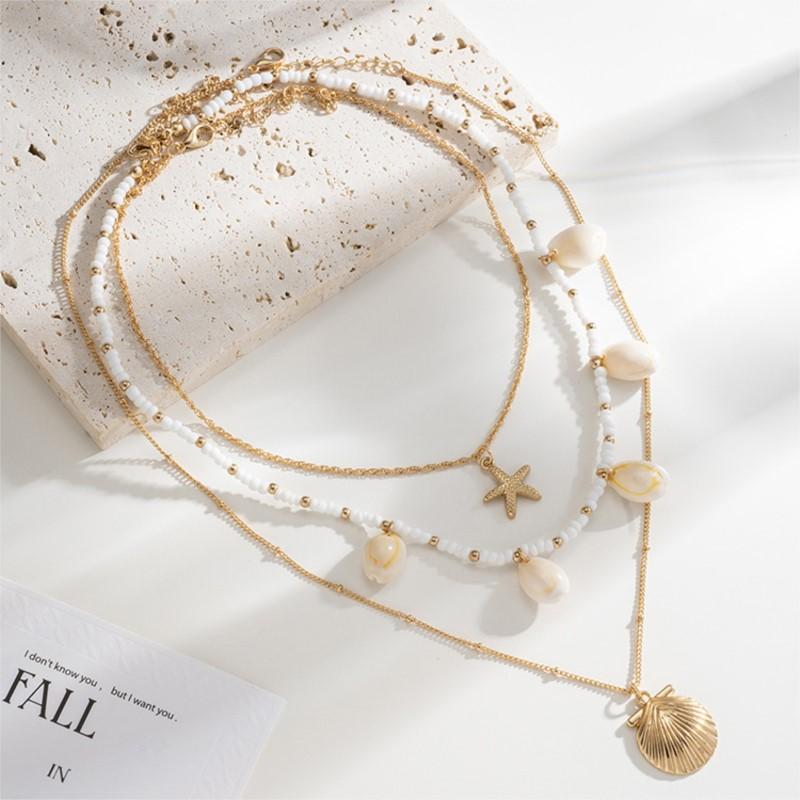 Multi Layered Pearl Shell Starfish Necklace for Women Elegant Lady Handmade Summer Vocation No Rusting Chain Necklaces Jewelry