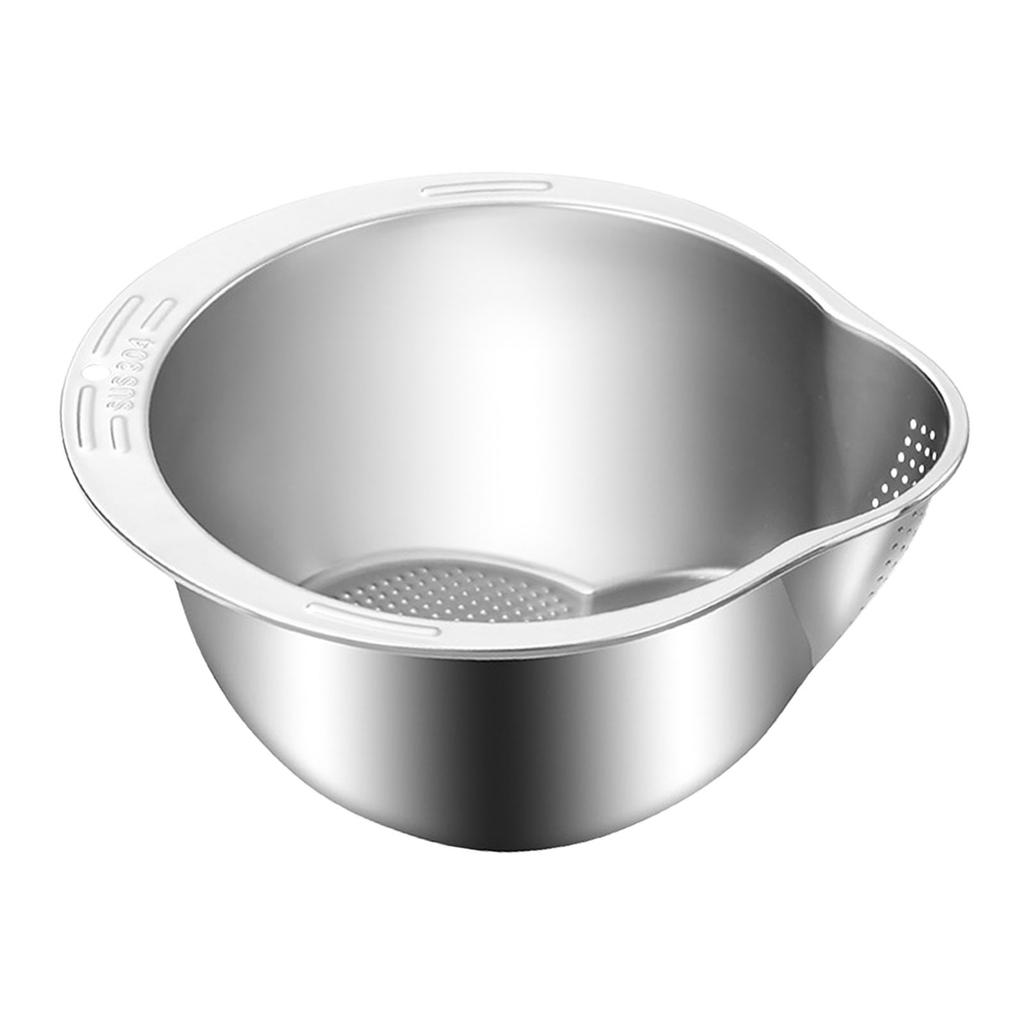 Slanted Rice Strainer Washing Bowl for Cleaning and Washing Vegetable Fruits Silver Fruits Rice Washing Bowl with Side Drainage
