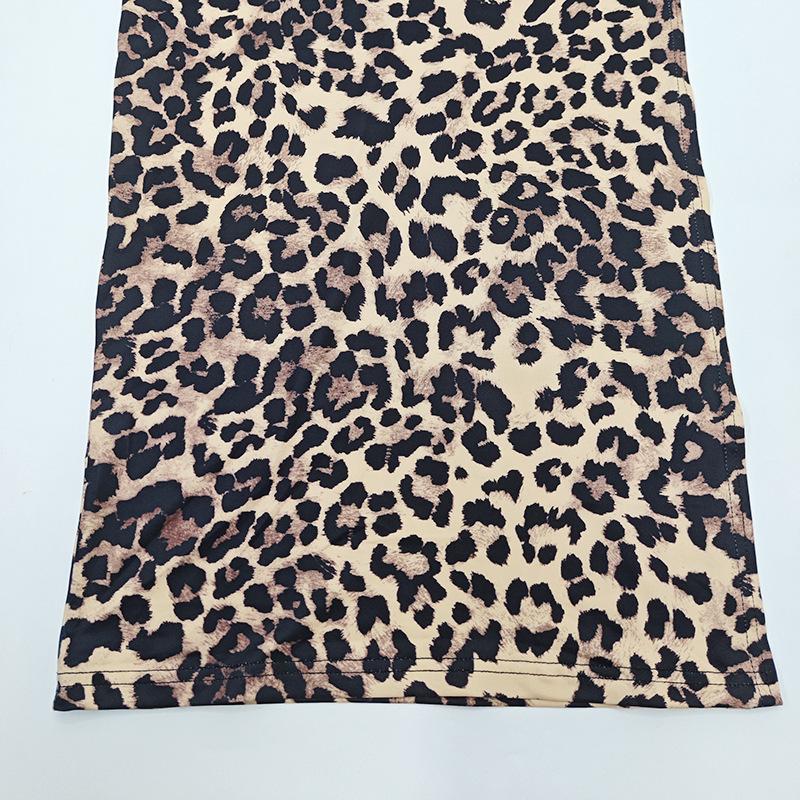 European & American Leopard Print Backless High Slit Dress