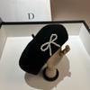 French Sweet Pearl Bow Wool Beret Women'S Soft And Versatile Octagonal Painter'S Hat