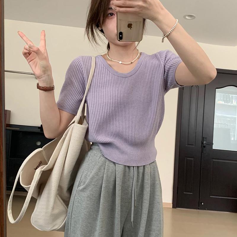 2025 Spring Korean-Style Casual U-Neck Short-Sleeve Knit Top - Solid Color
