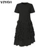 VONDA Women Round Neck Short Sleeve Irregular Ruffled Patchwork Casual Dress