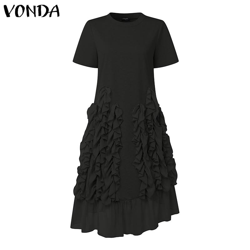VONDA Women Round Neck Short Sleeve Irregular Ruffled Patchwork Casual Dress