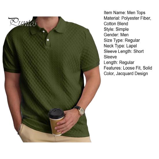Men Tops Lapel Short Sleeve Solid Color Tee Shirt with Jacquard Decoration Jacquard Fabric Solid Color Tops