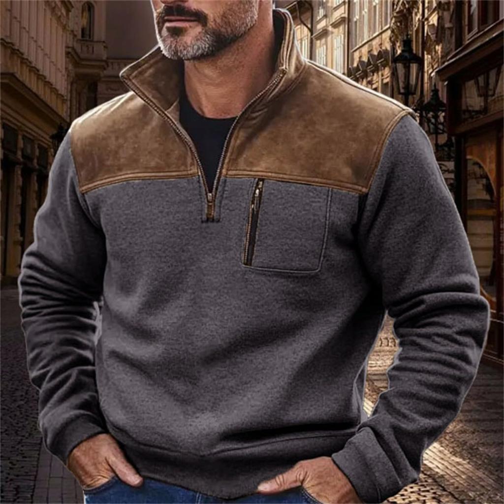 Mens Retro Fleece Sweatshirt With Pocket Color Block Slim Fit Long Sleeve Half Zip Pullover Shirt Trendy