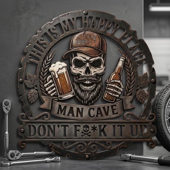 Wall Decoration Metal Art Sign with Skull Slogan Design Pre-Drilled Holes Easy Install Decorative Plaque Rustproof Decor for Garage, Workshop,