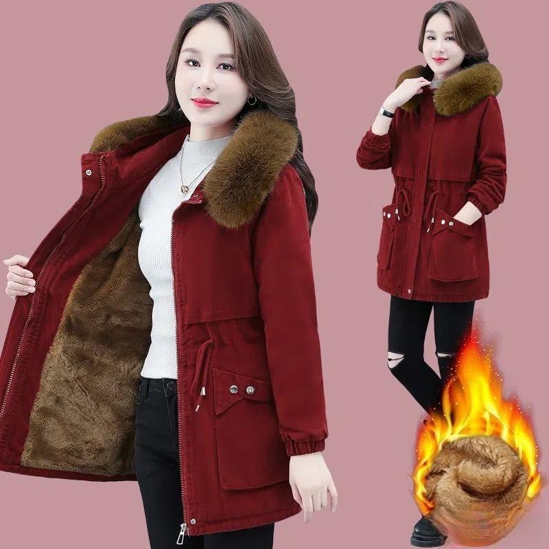 Parker Mid-length Padded Jacket Winter Women's Loose Plus Velvet Padded Jacket Lamb Down Padded Jacket Thickened Jacket