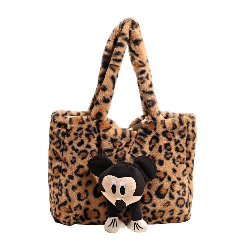2025 Women's Large Fluffy Leopard Print Shoulder Tote Bag