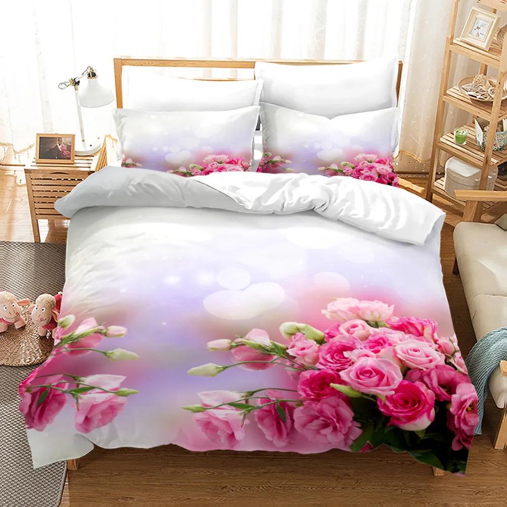 Rose Duvet Cover Set Full/Queen/King/Twin Size Soft Luxury 3D Rose Flower Microfiber Bedding Set Romantic Love Pink Quilt Cover
