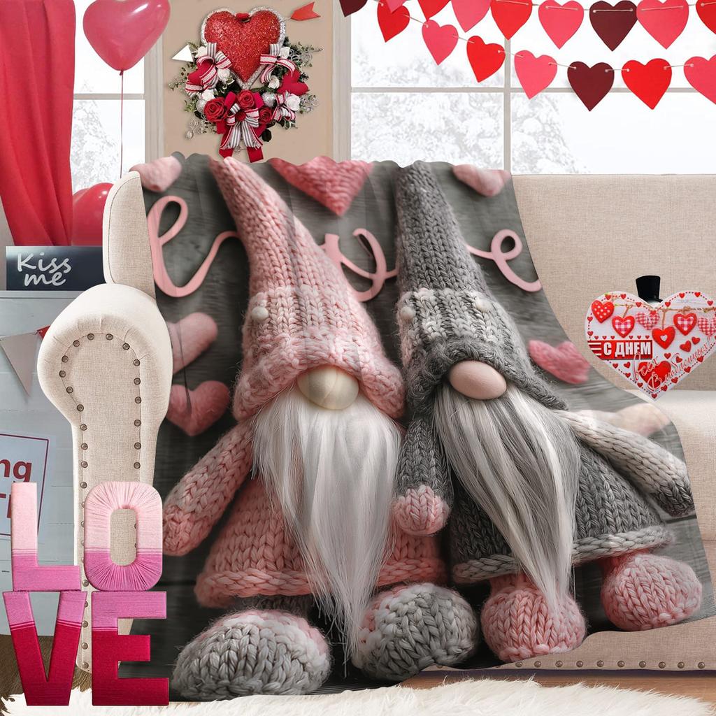 1pc Valentine's Day Blanket, Super Soft and Comfortable Nap Blanket, Romantic Couple Gnome Heart-shaped Printed Blanket, Gifts