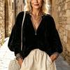 Women's Retro V-Neck Shirred Top Loose Fit Casual Blouse