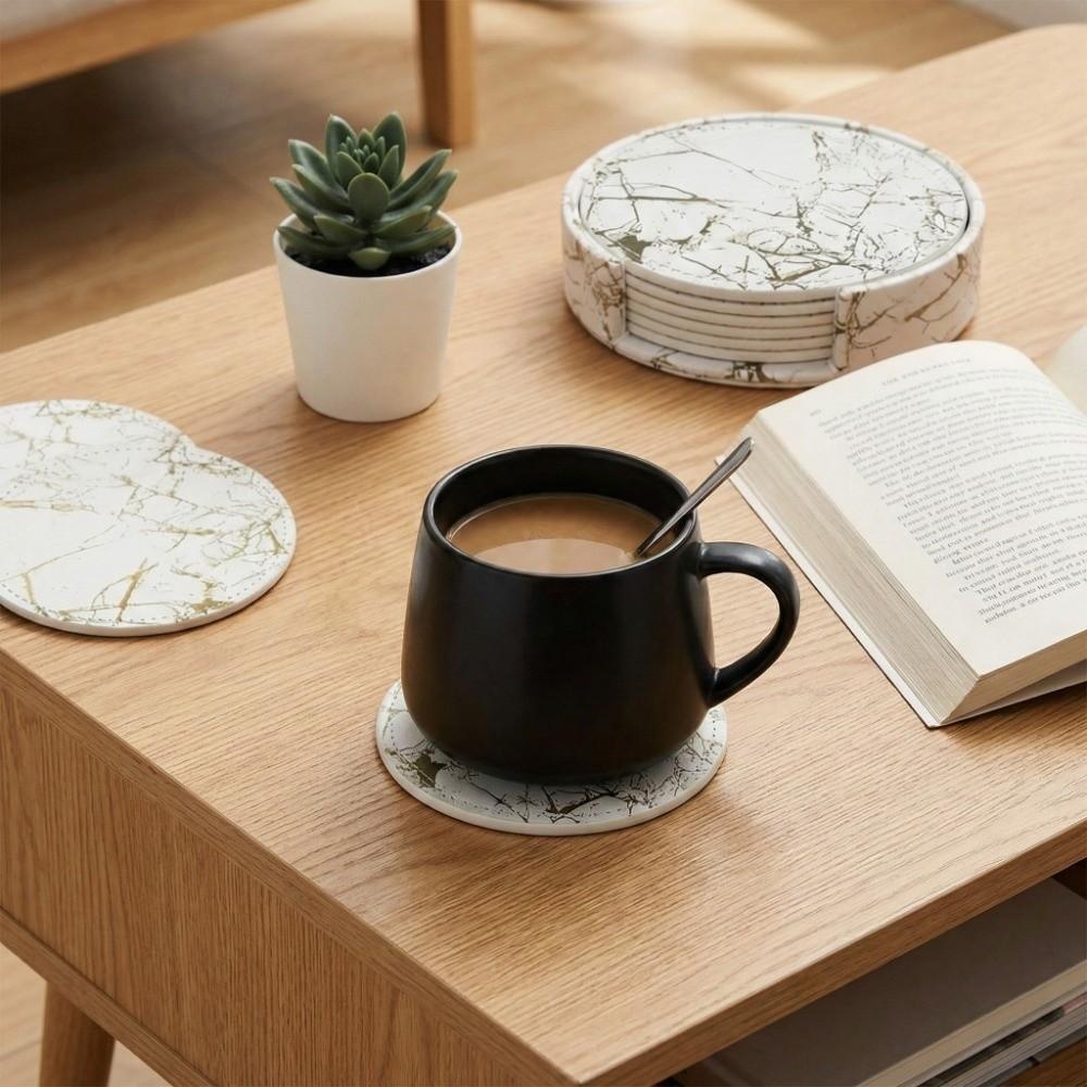7Pcs Waterproof PU Leather Coaster Double-sided Marble Pattern Placemat 10cm Round Heat Insulation Pad Hotel