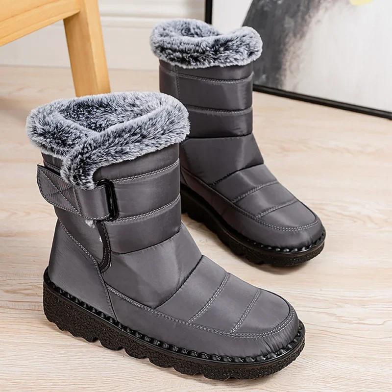 

Fashion Warm Fluffy Lined Women Waterproof Boots Winter Hook Loop Plus Size 44 Snow Boots Thick Bottom Anti-Slip Furry Ankle Boots 44 серый