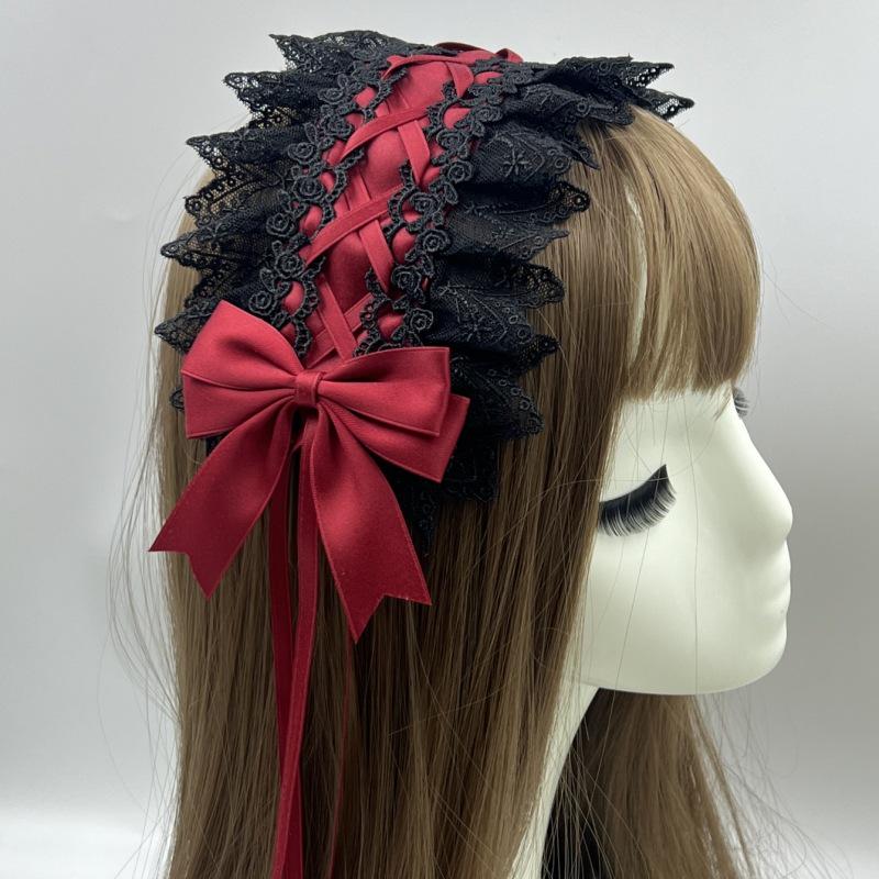

Gothic Lolita Lace Bow Headband - Black Red Maid Hair Accessory