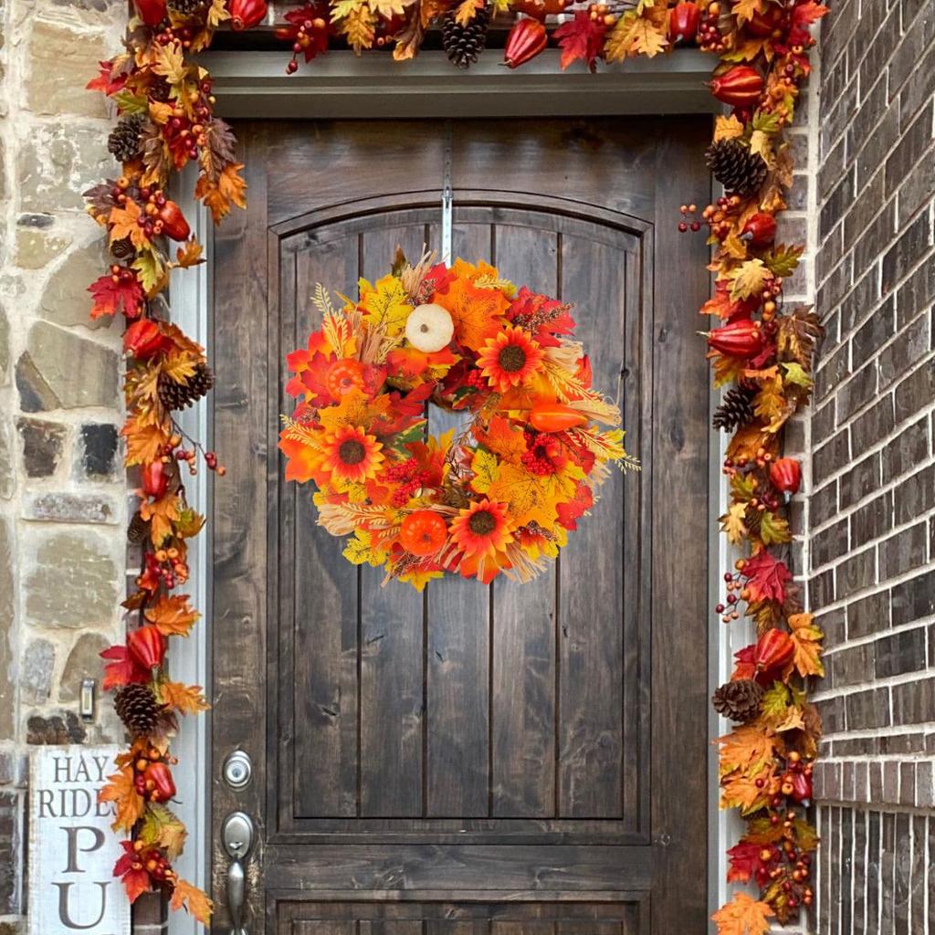 Autumn Harvest Wreath with Pumpkins & Maple Leaves