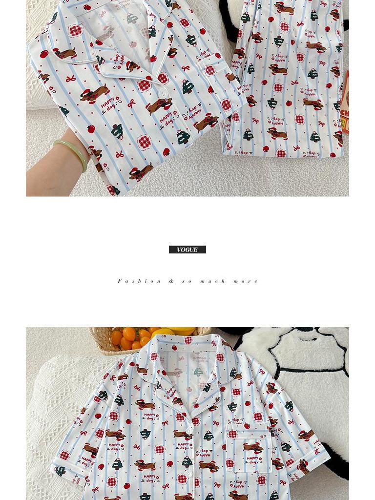 Set Pijama de Damă Dachshund Desen Animat cu Buline și Dungi - Mânecă Scurtă, Stil Coreean, Articole de Casă din Trei Piese.