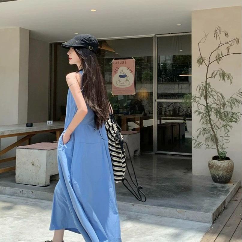 French Holiday Style Temperament Blue Vest Dress Women's Summer New Design Feeling Waist Thin a Word Long Dress