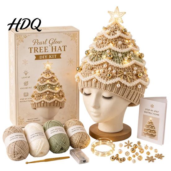 Parent Child Interaction Craft Christmas Tree Crochet Hat DIY Kit Beginner-Friendly Light-Up Kit Complete with Yarn Tools Guide for Holiday